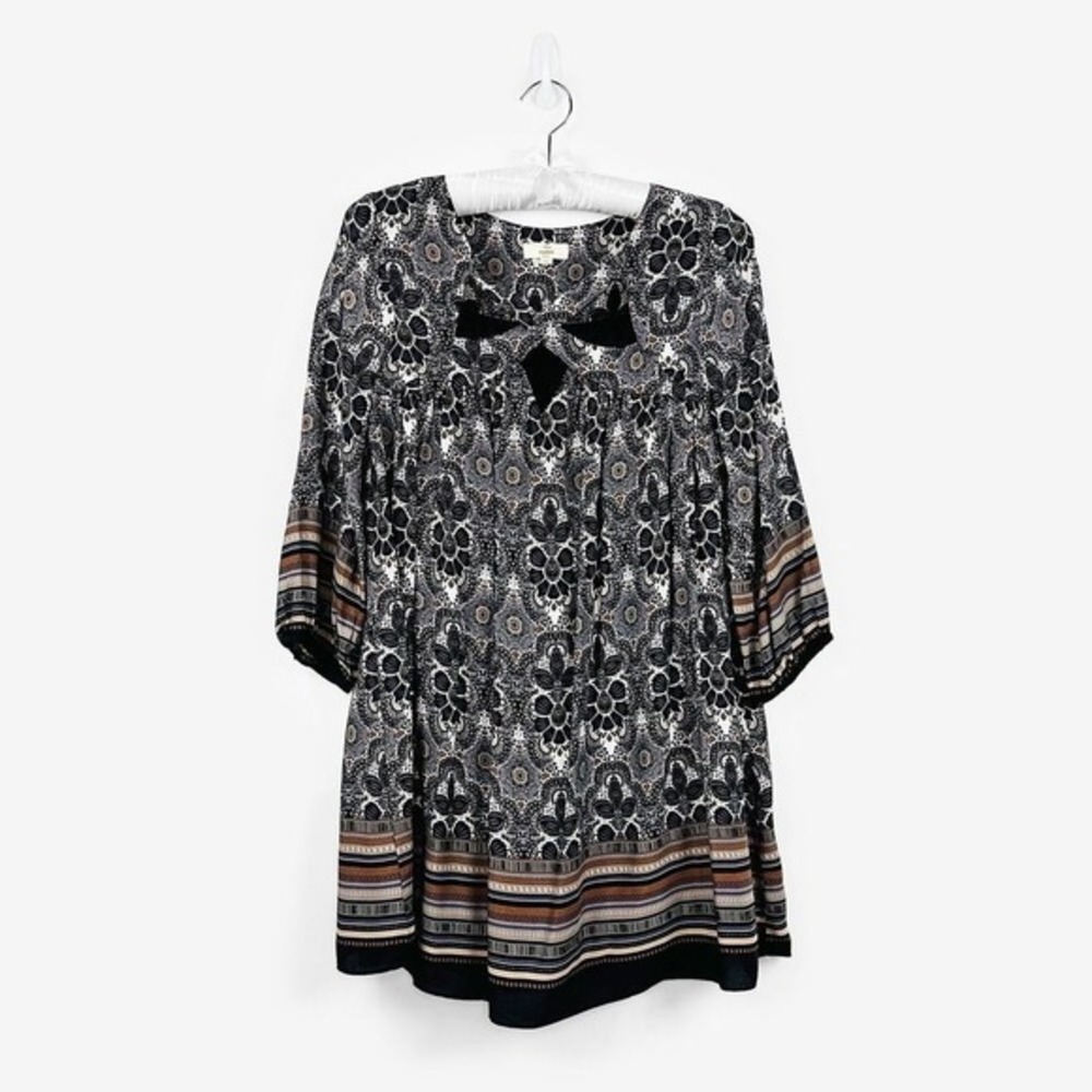 Entro Printed Mini Dress Size S Gray Boho Indie Festival Peasant Flowy‎ Earthy